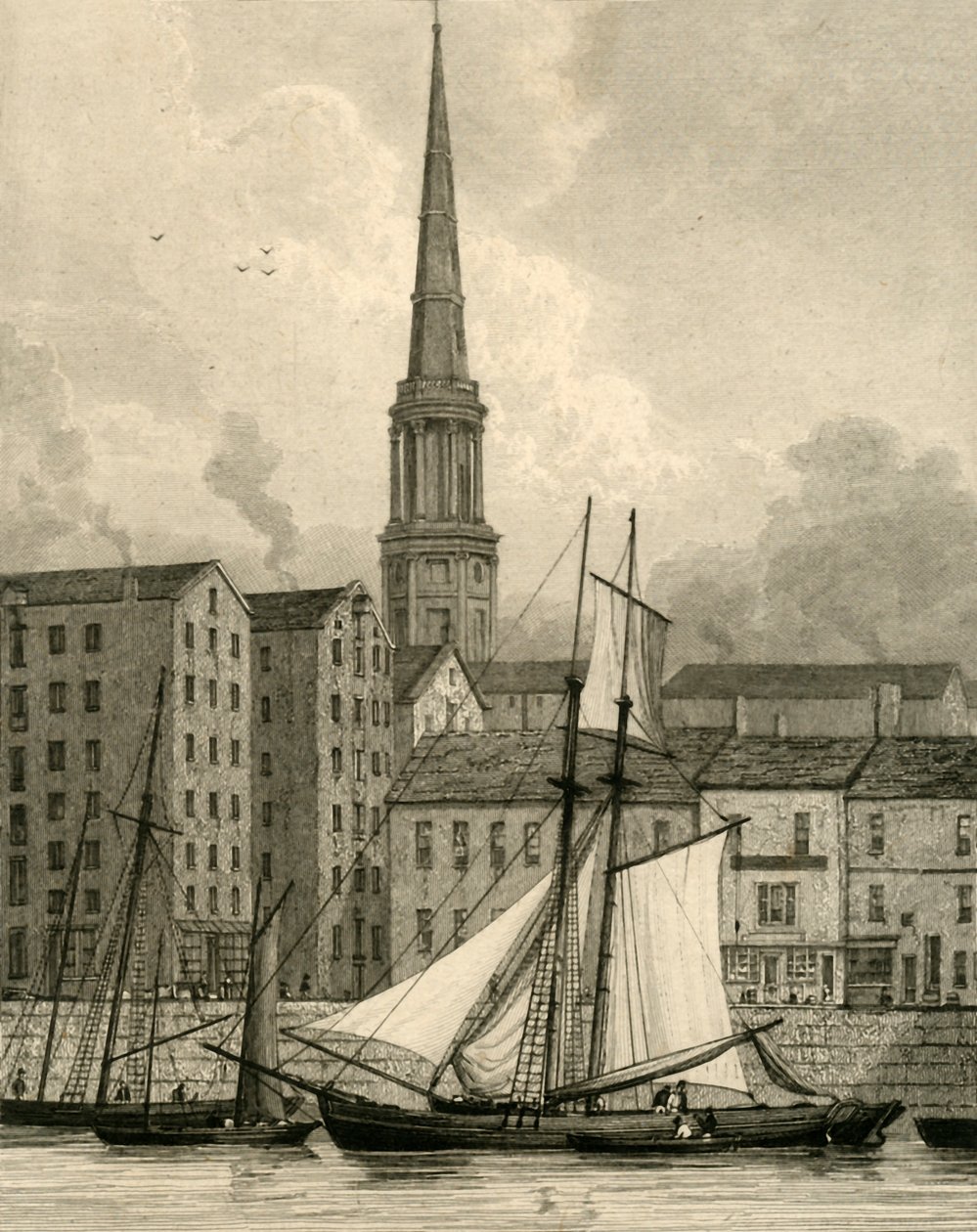 St. Georges Church fra Docks, Liverpool, c1830. af Edward Francis Finden