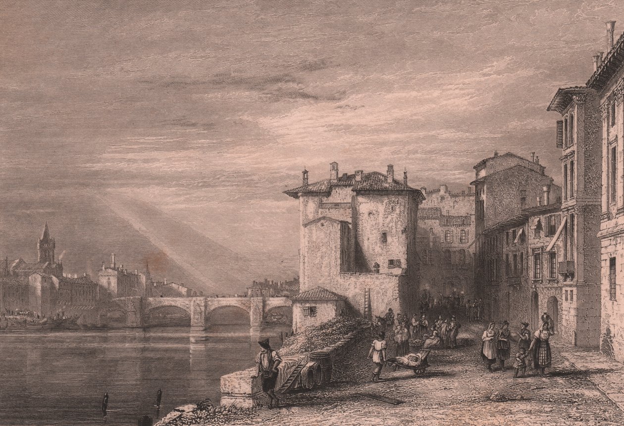 Udsigt over Verona ved Adige-floden, Veneto, Italien, stålstik af Edward Francis Finden (1791-1857) efter tegning af Augustus Wall Calcott (1779-1844), ca. 12x10 cm af Edward Francis Finden