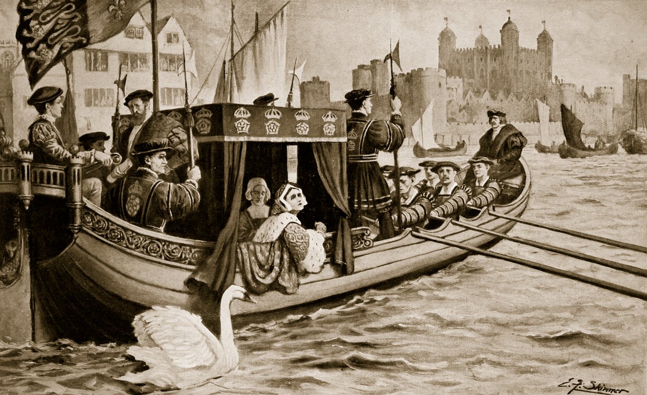 Catherine Howard føres op i tårnet, illustration fra 