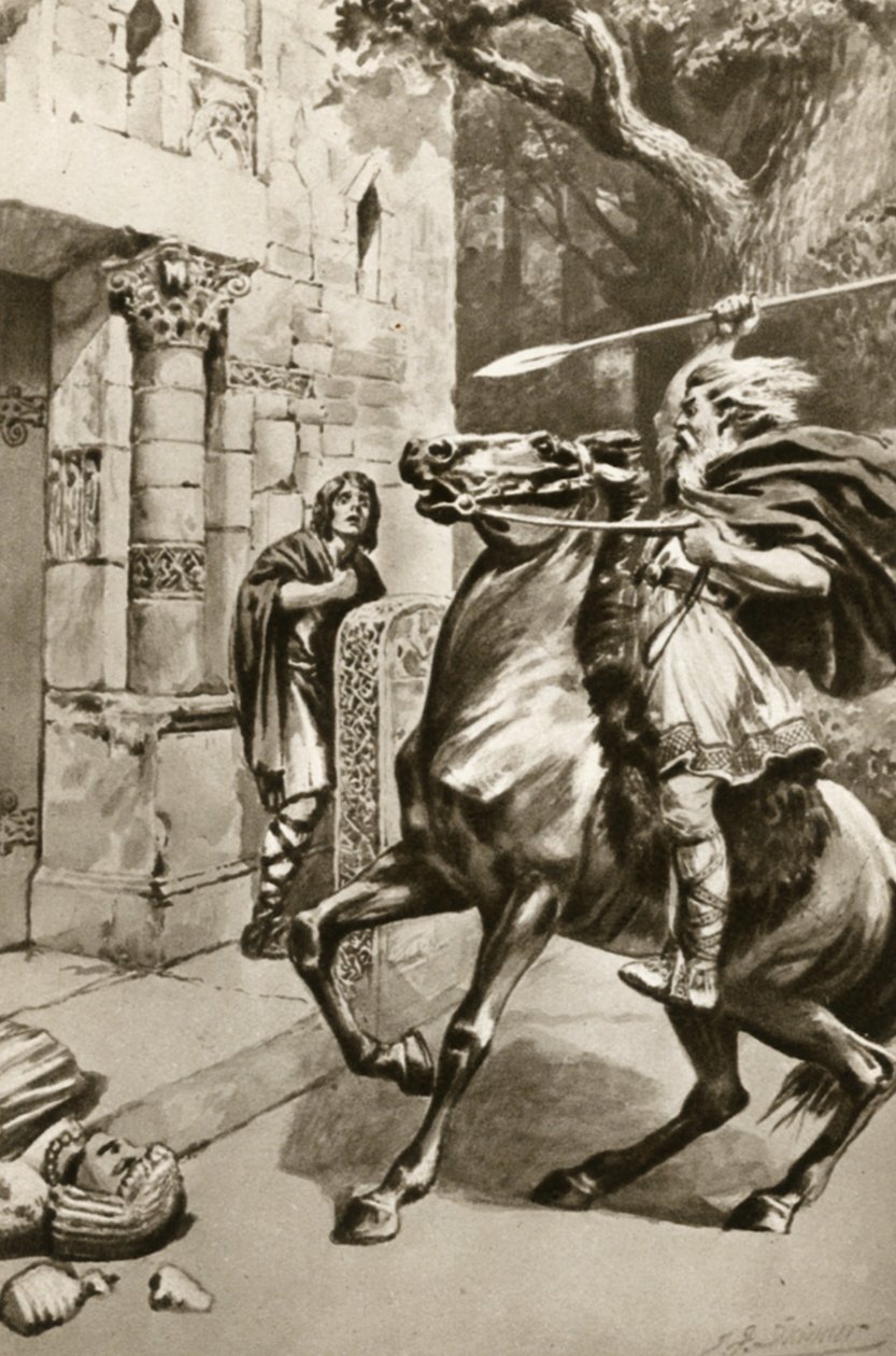 Ypperstepræsten Coifi rider op ad Goodmanham Lane for at smadre afguderne, illustration fra 