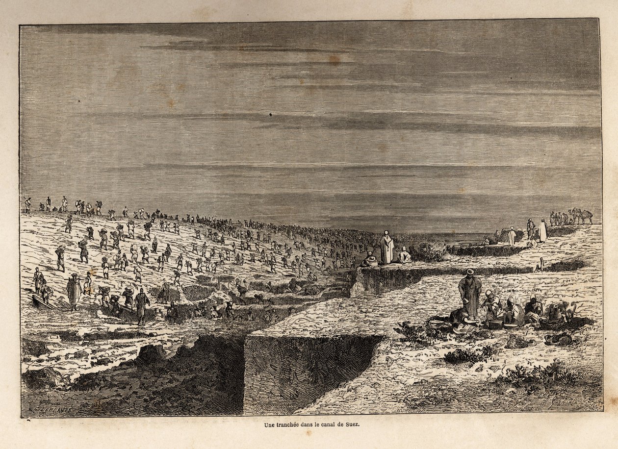 En skyttegrav i Suez-kanalen, tegning af Grenet, for at illustrere en udflugt til Suez-kanalen i 1862 af Paul Merruau. Indgravering i "" Le tour du monde"", redigeret af Edouard Charton af Edward Grenet