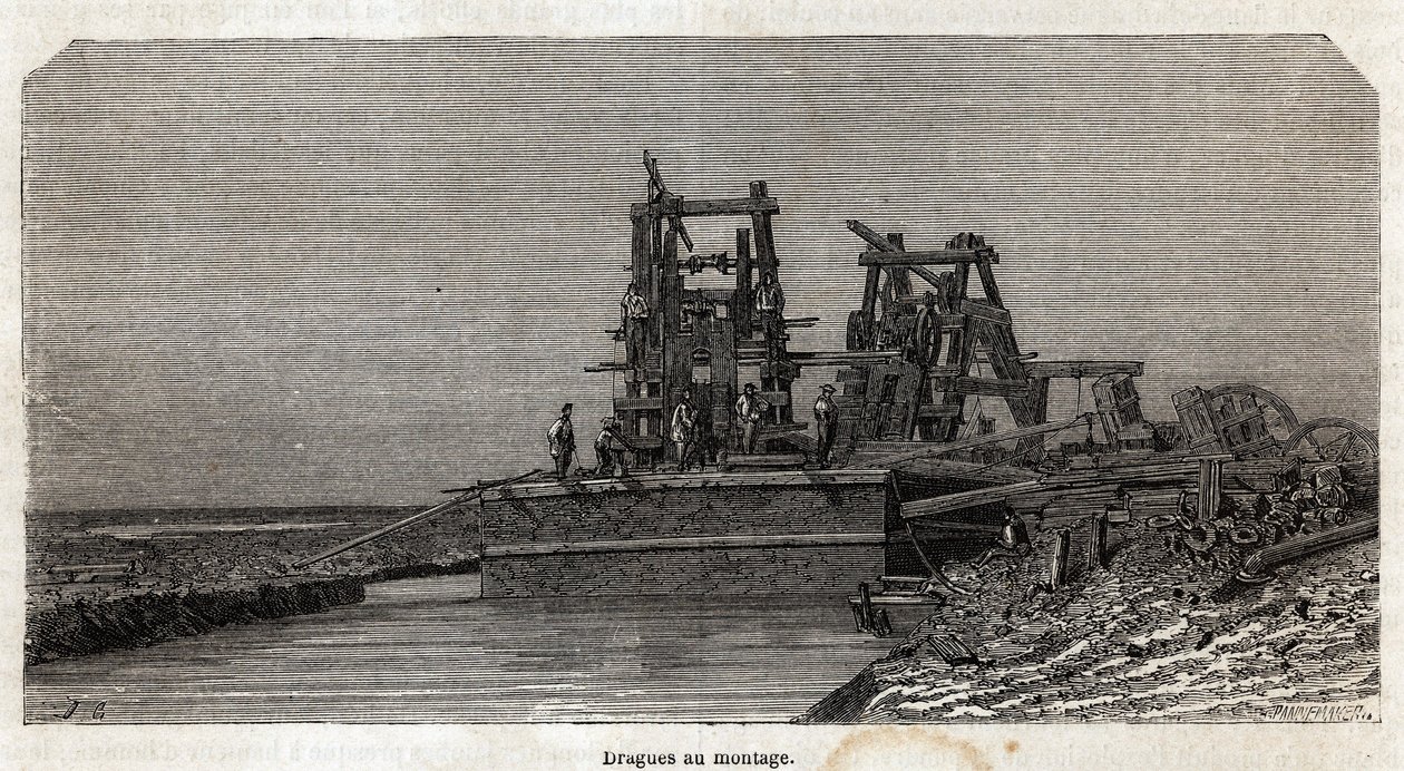 Udgravninger på Suez-kanalen, tegning af Grenet, for at illustrere en udflugt til Suez-kanalen i 1862 af Paul Merruau. Indgravering i "" Le tour du monde"", redigeret af Edouard Charton af Edward Grenet