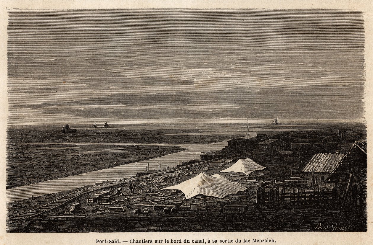 Port Said skibsværfter, på kanten af Suez-kanalen, ved dens udgang fra Lake Menzaleh, tegnet af Grenet, for at illustrere en udflugt til Suez-kanalen i 1862 af Paul Merruau. Indgravering i "" Le tour du monde"", redigeret af Edouard Charton af Edward Grenet