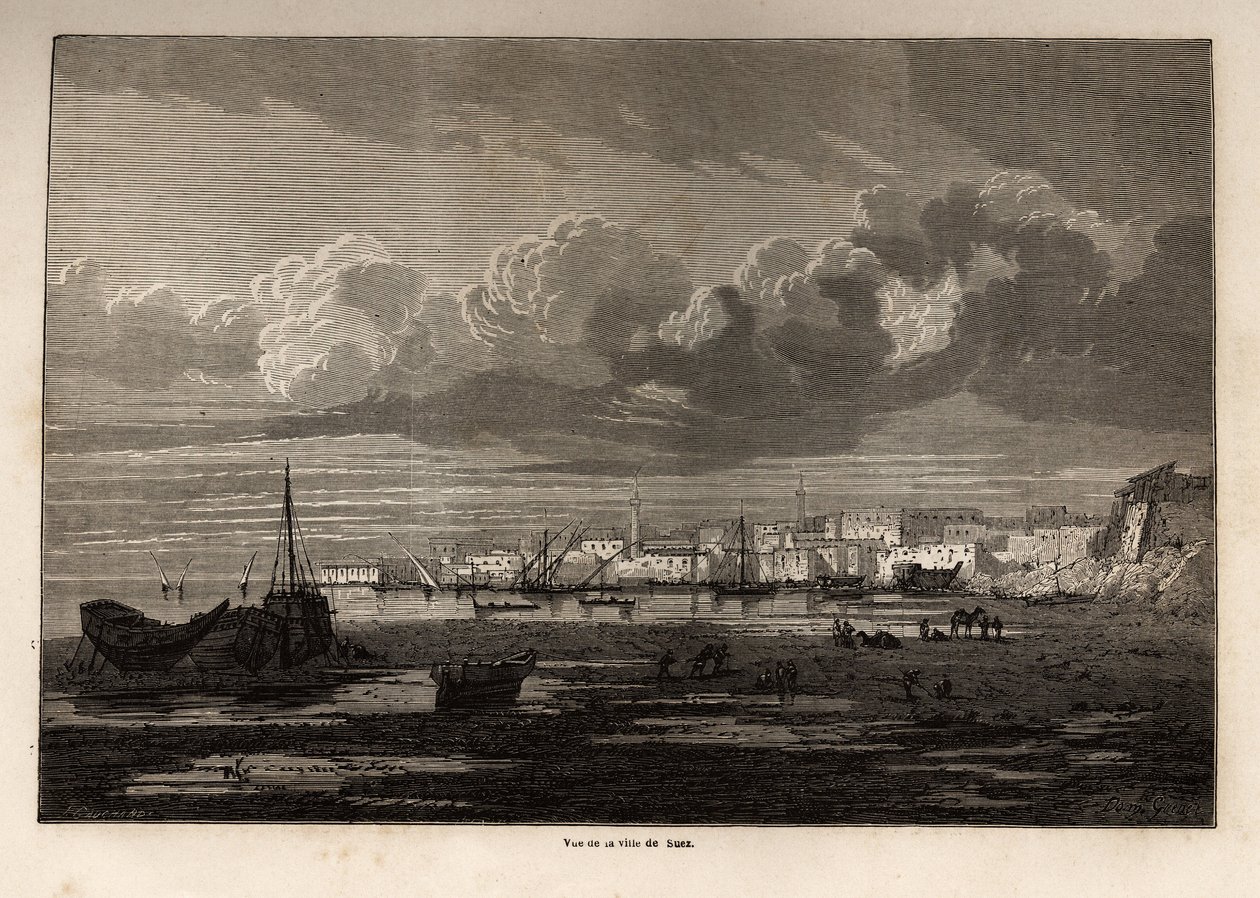 Udsigt over byen Suez (Ægypten), tegning af Grenet, for at illustrere en udflugt til Suez-kanalen, i 1862, af Paul Merruau. Indgravering i "" Le tour du monde"", redigeret af Edouard Charton af Edward Grenet