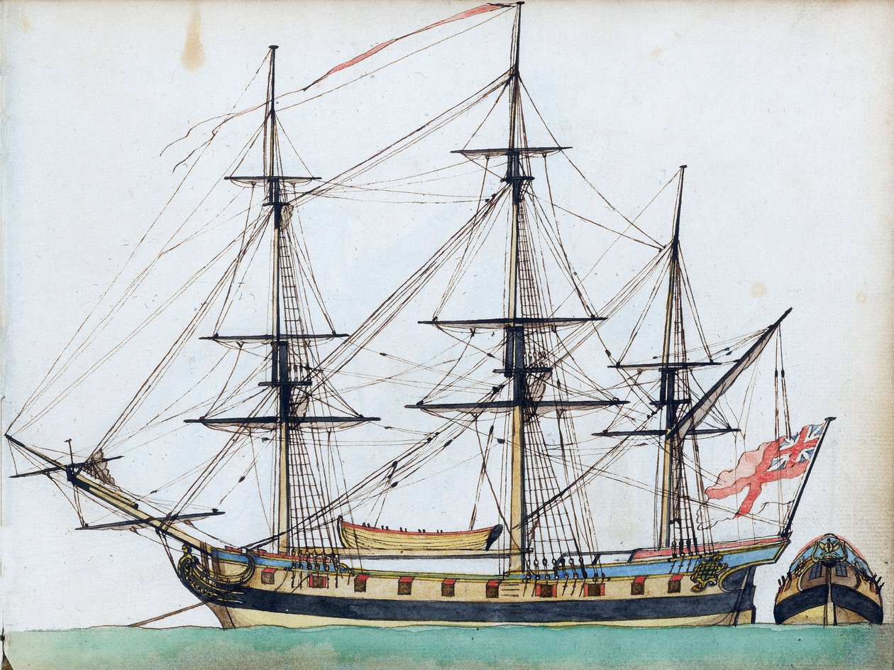 Britisk skib med 20 kanoner, der viser rigning og en skibsbåd, og et separat billede af agterenden, ca. 1780 (akvarel, pen  blæk ) af Edward Gwyn