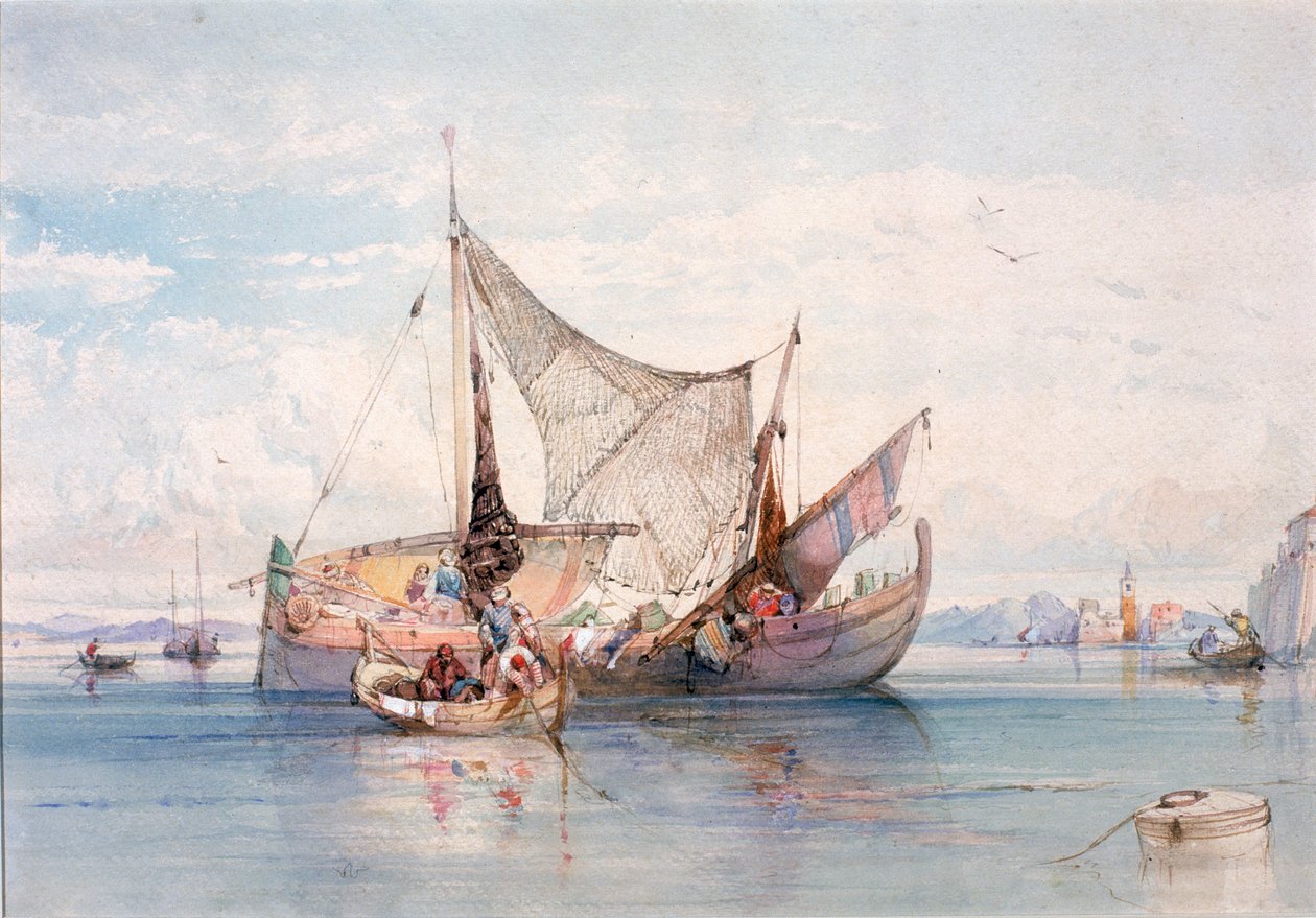 Både på en norditaliensk sø (bodycolour) af Edward Harper