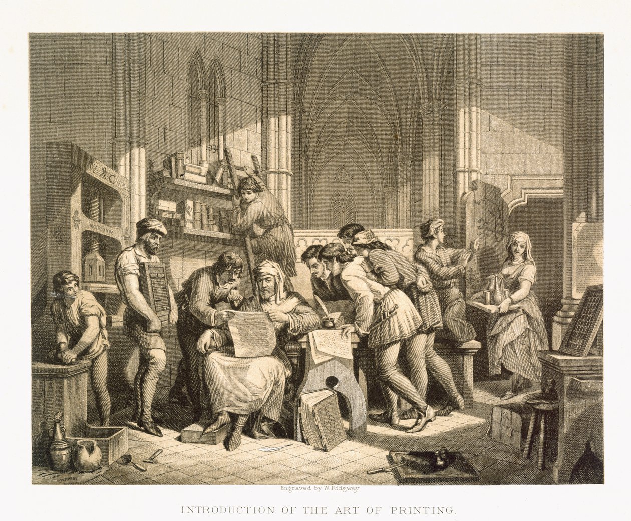 Introduktion til bogtrykkerkunsten, fra "Illustrations of English and Scottish History" bind I af Edward Henry Wehnert