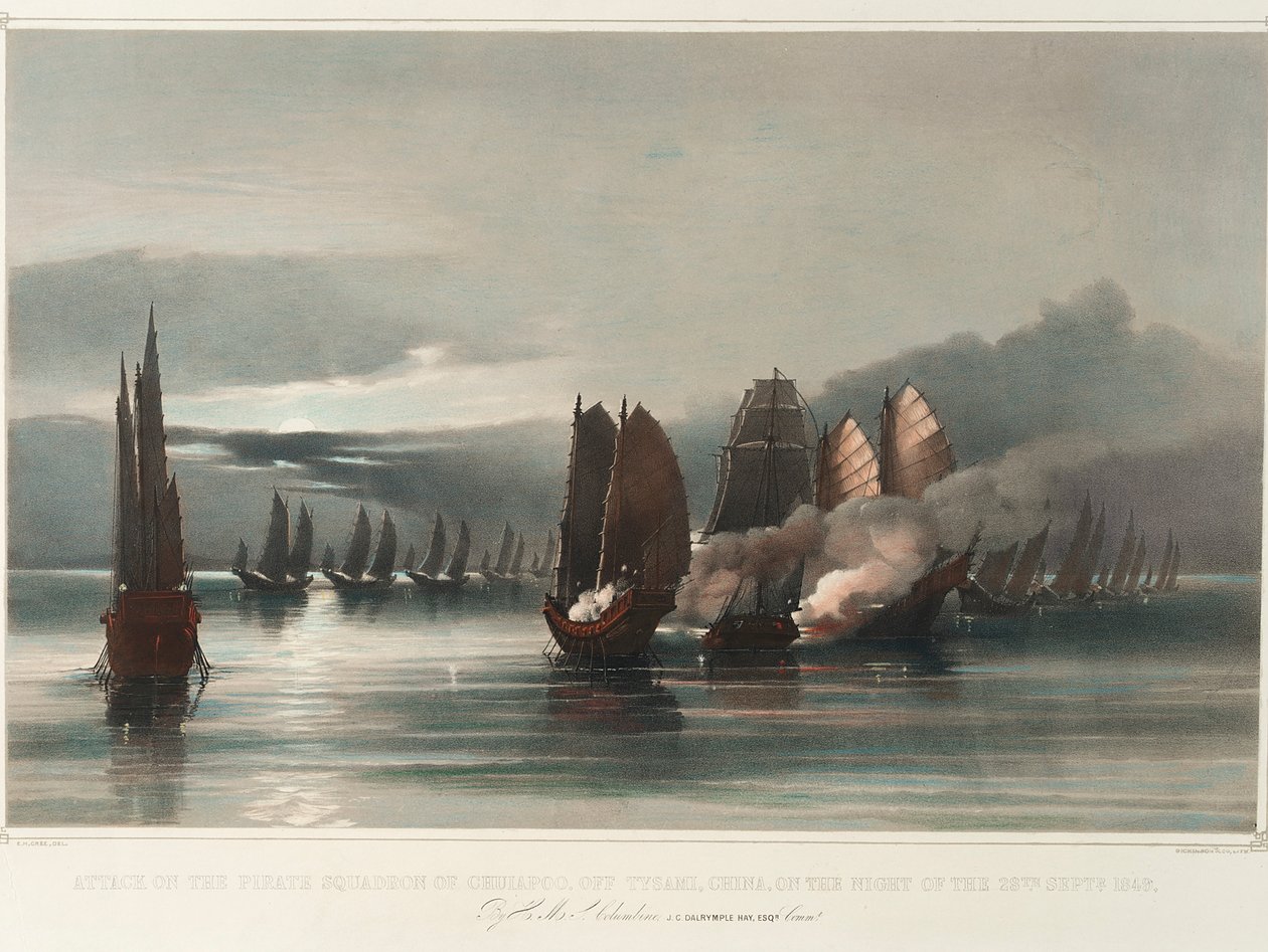 Angreb på pirateskadren Chuiapoo ud for Tysami, Kina, natten til den 28. september 1849 af HMS Columbine, J C Dalrymple Hay, Esqr, Commr, ca. 1849 (tryk, litografi, farvelagt) af Edward Hodges Cree