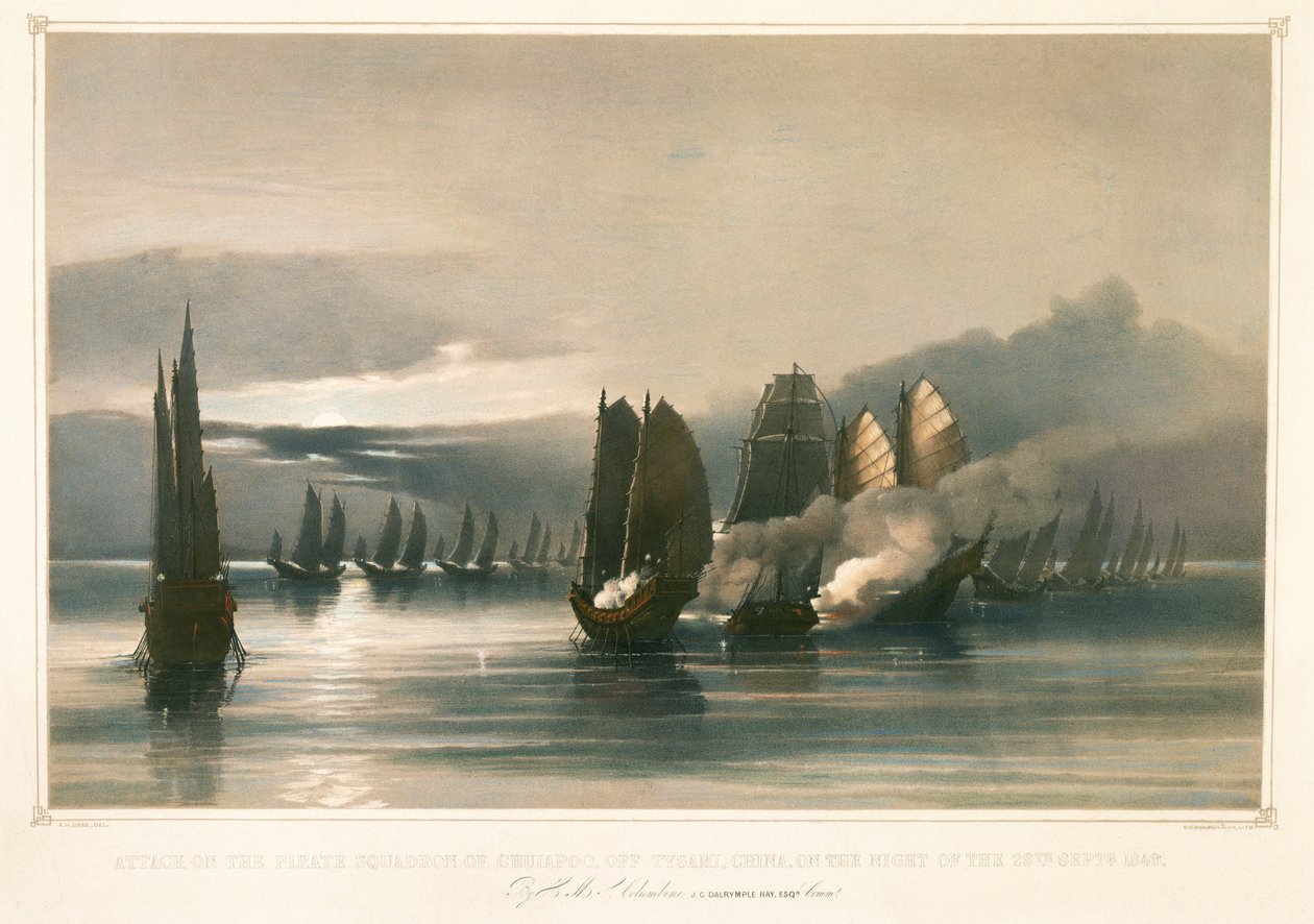 Angreb på pirateskadren Chuiapoo ud for Tysami, Kina, 28. september 1849, midten af det 19. århundrede (litografi) af Edward Hodges Cree