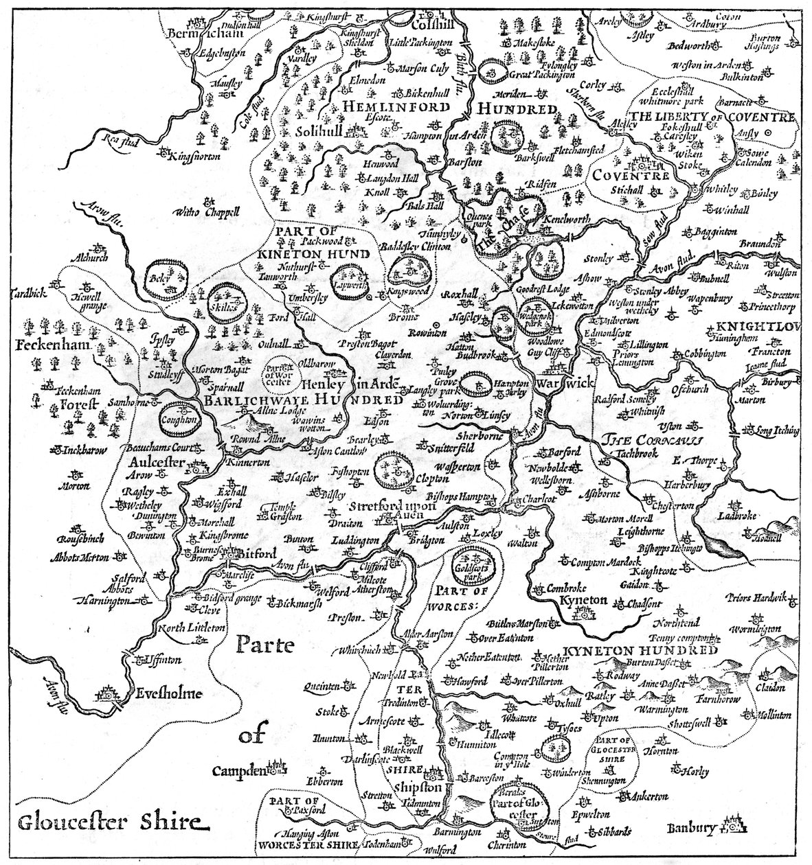 Et kort over Stratford-upon-Avon og dets omkringliggende områder, 1610 1885. af Edward Hull