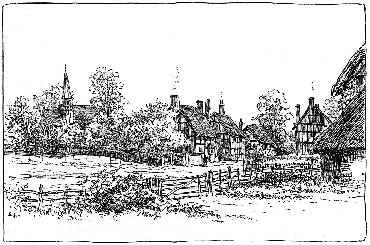 Luddington landsby og nye kirke, Warwickshire, 1885. af Edward Hull