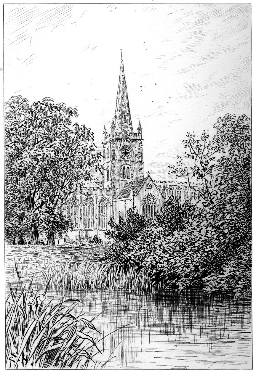 Stratford kirke set fra floden, Stratford-upon-Avon, Warwickshire, 1885. af Edward Hull