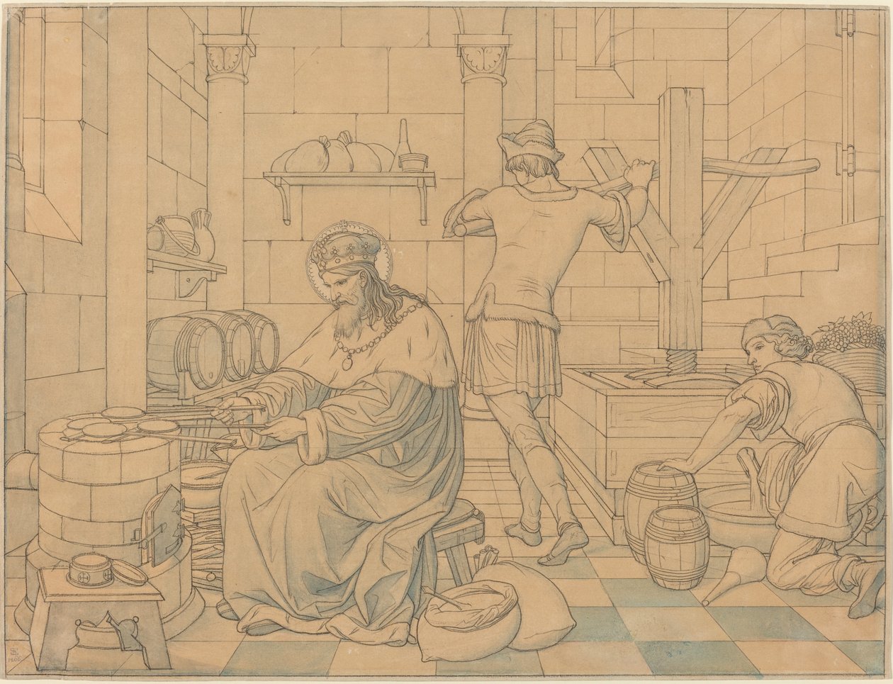 Saint Wenzel Cooking Hosts as Two Youths Press Wine af Edward Jakob von Steinle