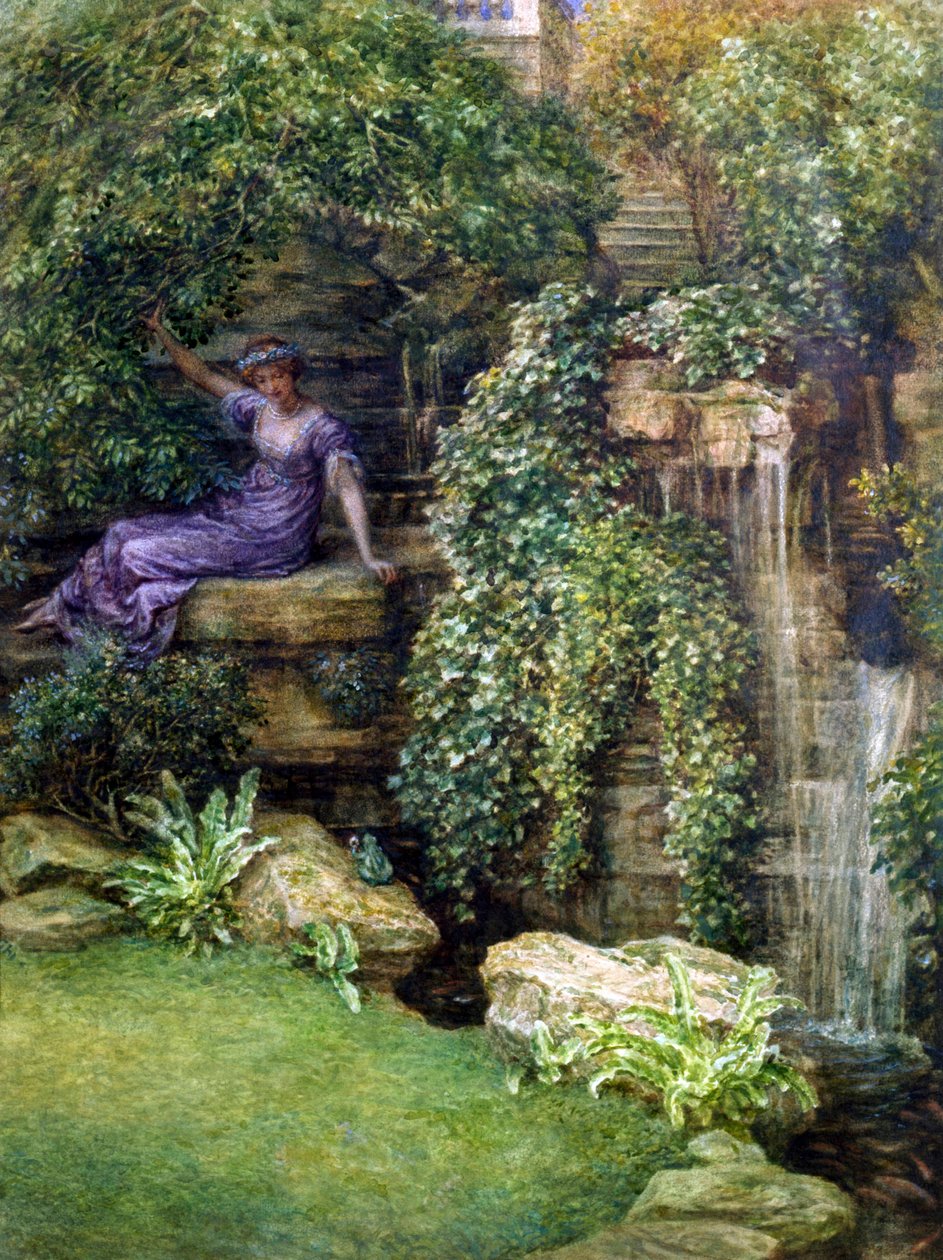 "Prinsessen og frøen" Møde i en romantisk have mellem en ung prinsesse og en frø (Prince Charming), Maleri af Edward John Poynter (1836-1919) (prerafaelit) af Edward John Poynter