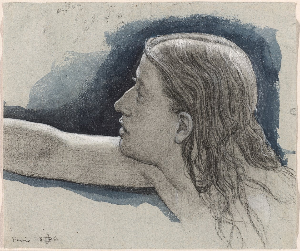 Studie af en ung mands hoved med strakt højre arm af Edward John Poynter