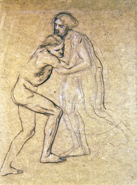 Studie af to nøgne mænd, der omfavner til The Prodigals Return, 1869 (kridt på papir) af Edward John Poynter