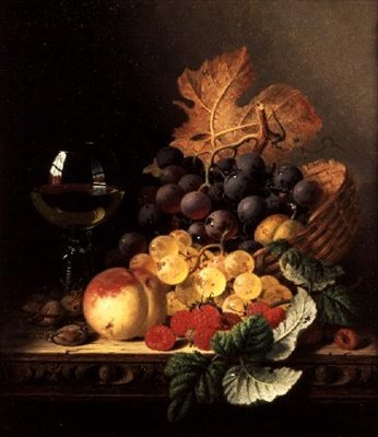 En kurv med druer, hindbær, en fersken og et vinglas på et bord (olie på lærred) af Edward Ladell