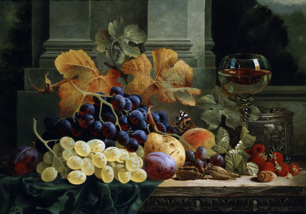 Stilleben med frugt og sommerfugl. Maleri af Edward Ladell (1821-1886) Privat samling. af Edward Ladell