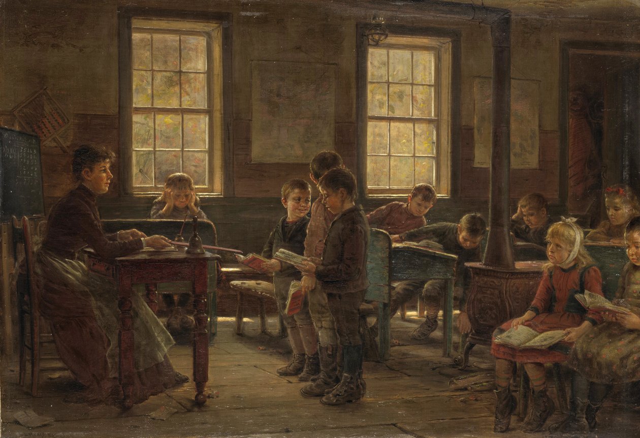 A Country School, 1890 (olie på lærred monteret på kompositionstavle) af Edward Lamson Henry