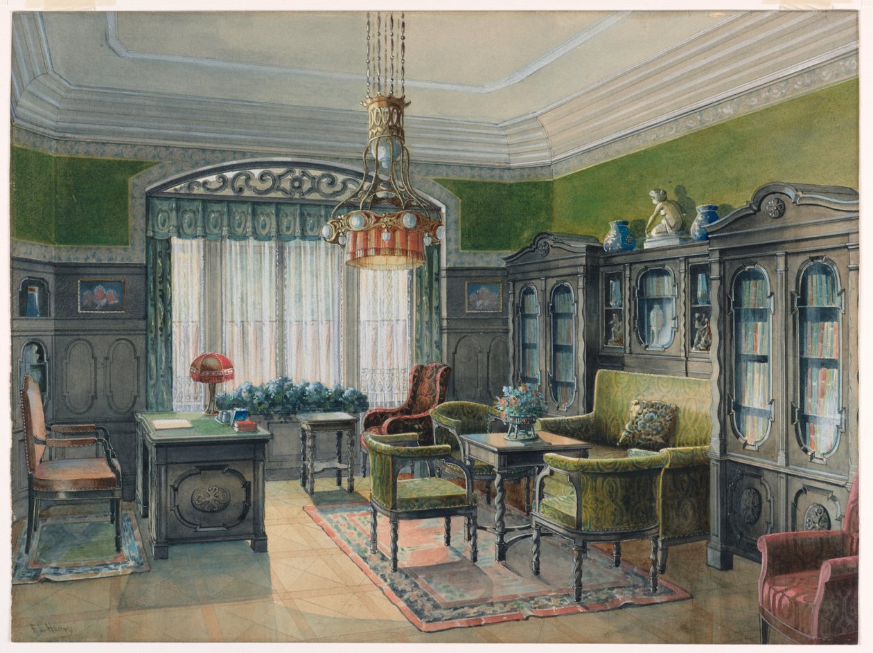Tegning, bibliotek eller kontorinteriør, ca. 1915 af Edward Lamson Henry