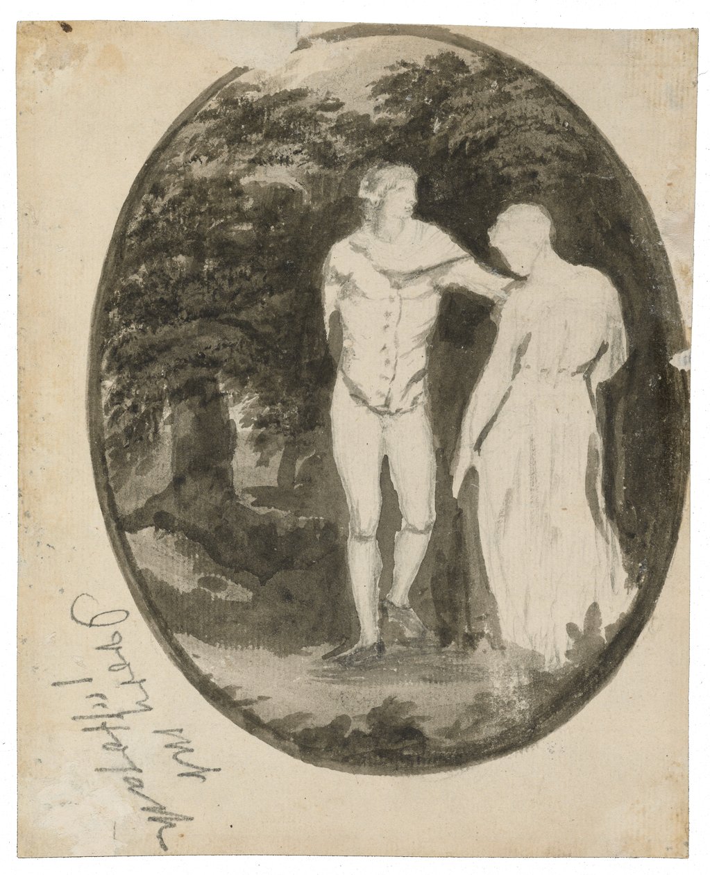 Et par i et skovklædt landskab sat i en oval (verso), ca. 1838-1848 (blæk og vask på lagt papir) af Edward Lear