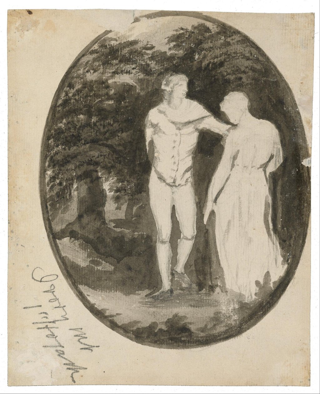 Et par i et skovlandskab sat i en oval af Edward Lear
