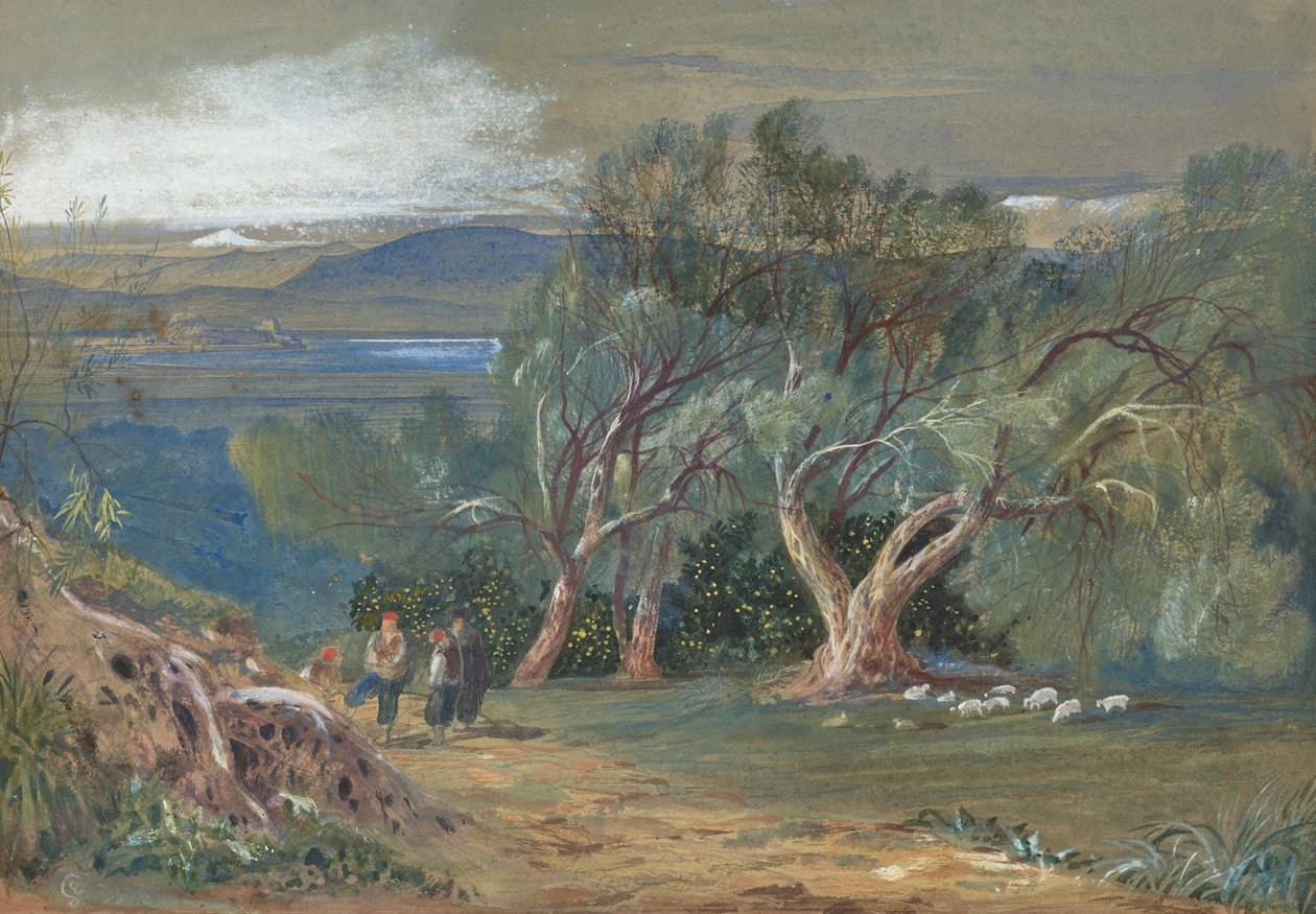 En fjern udsigt over Korfu fra Viros af Edward Lear