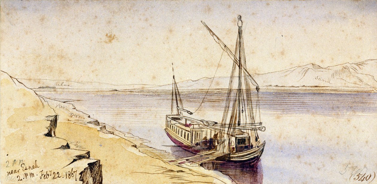 En traditionel egyptisk båd lægger til ved Nilens bred i nærheden af Esneh (Egypten). Farvet akvareltegning af Edward Lear