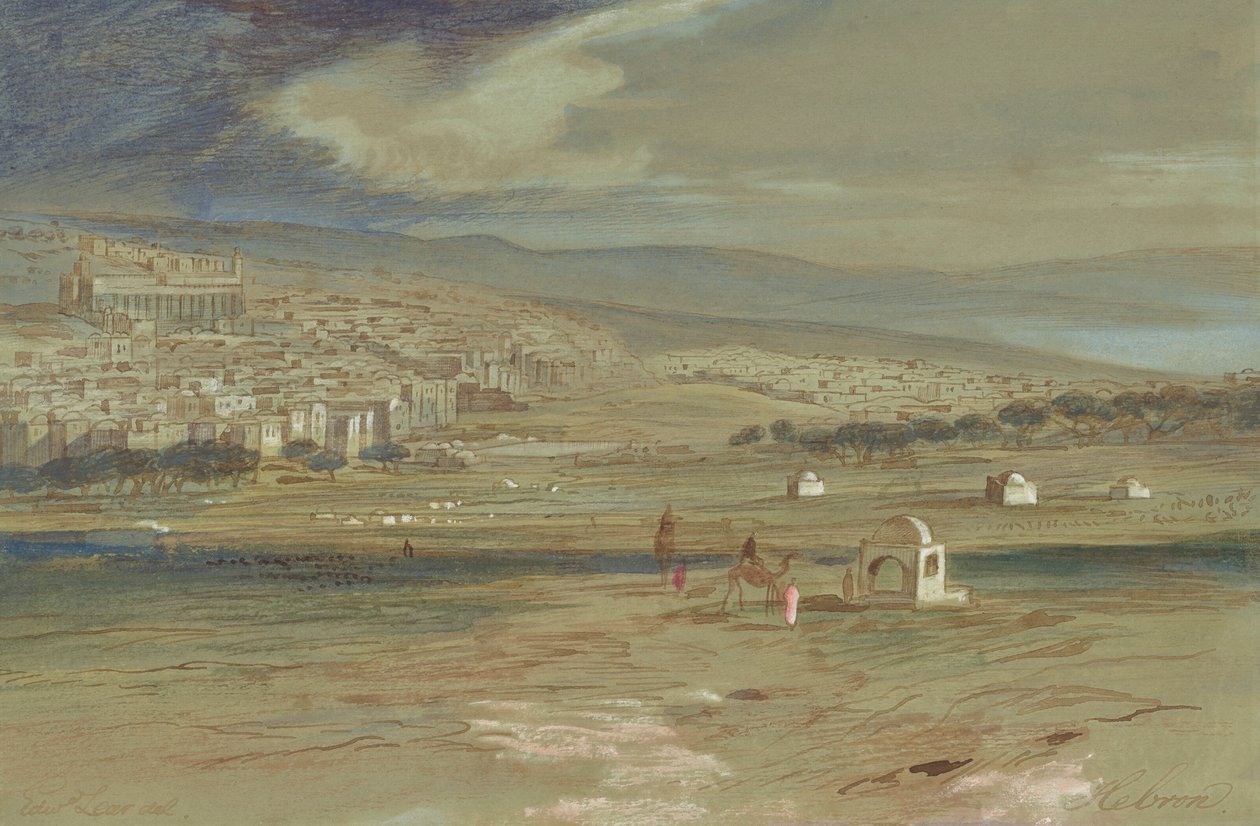 En udsigt over byen Hebron med kameler og figurer i forgrunden af Edward Lear