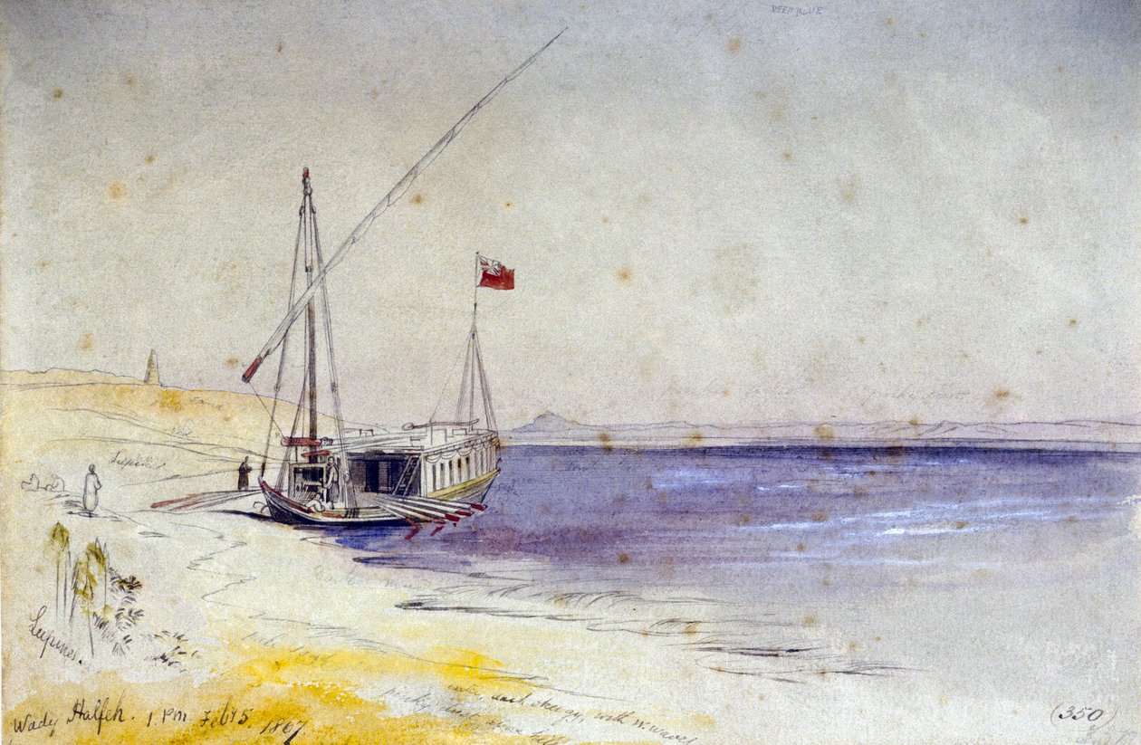 En egyptisk båd ligger til kaj ved Nilens bred nær Wady Halfeh (Egypten). Farvet akvareltegning af Edward Lear