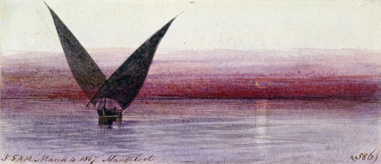 En egyptisk båd på Nilen i Manfaloot (Egypten). Farvet akvareltegning af Edward Lear