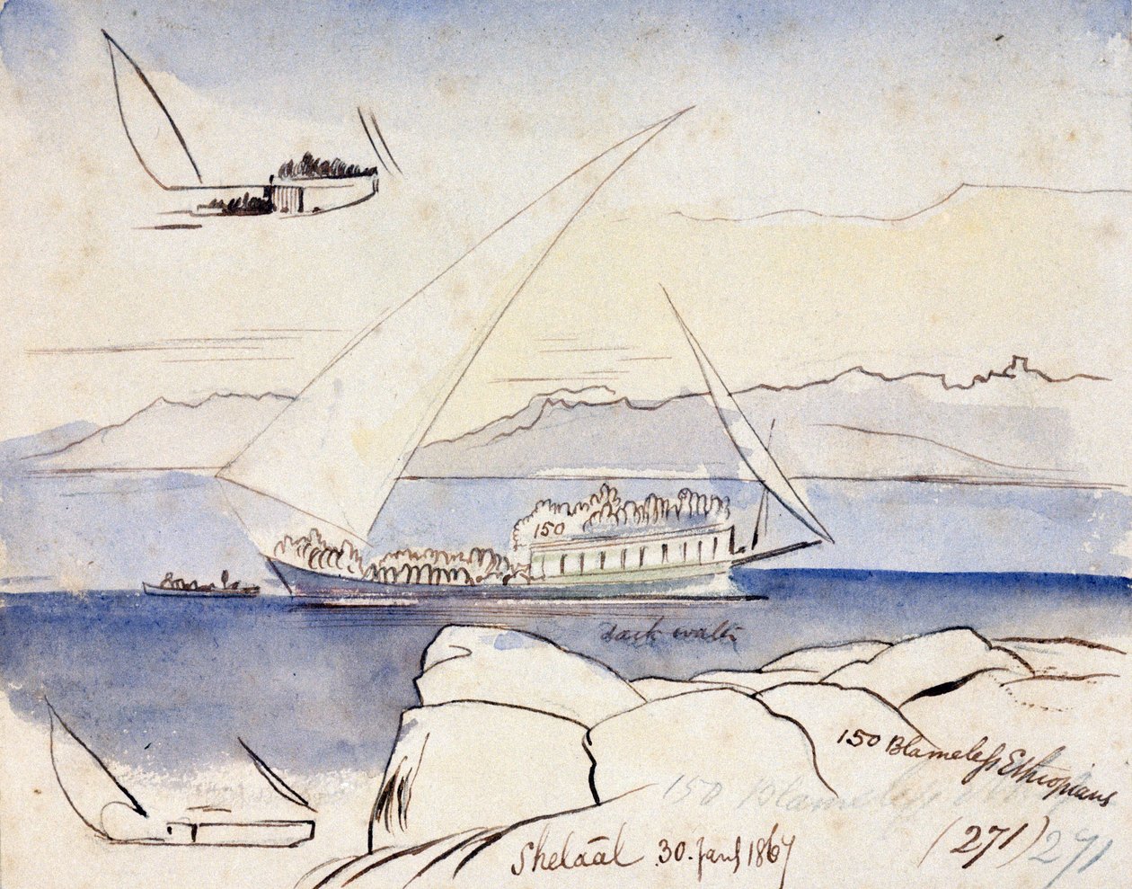 En egyptisk dhow på Nilen nær Shetaal (Egypten). Farvet akvareltegning af Edward Lear