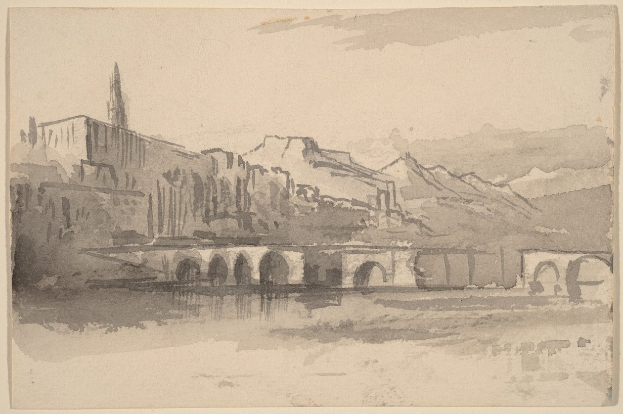 Bro med bjerge i det fjerne (Ventimiglia) af Edward Lear