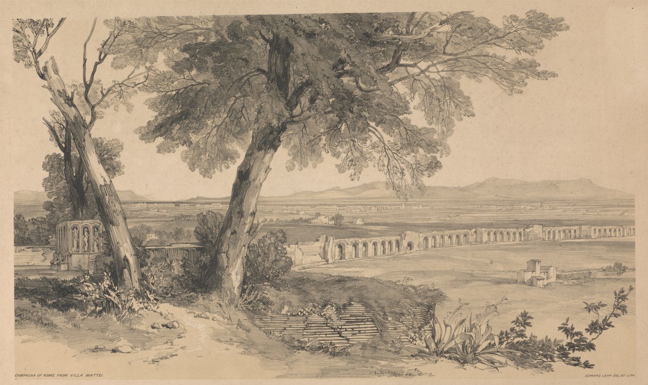 Landskabet omkring Rom set fra Villa Mattei, fra »Udsigter i Rom og omegn«, 1841 af Edward Lear