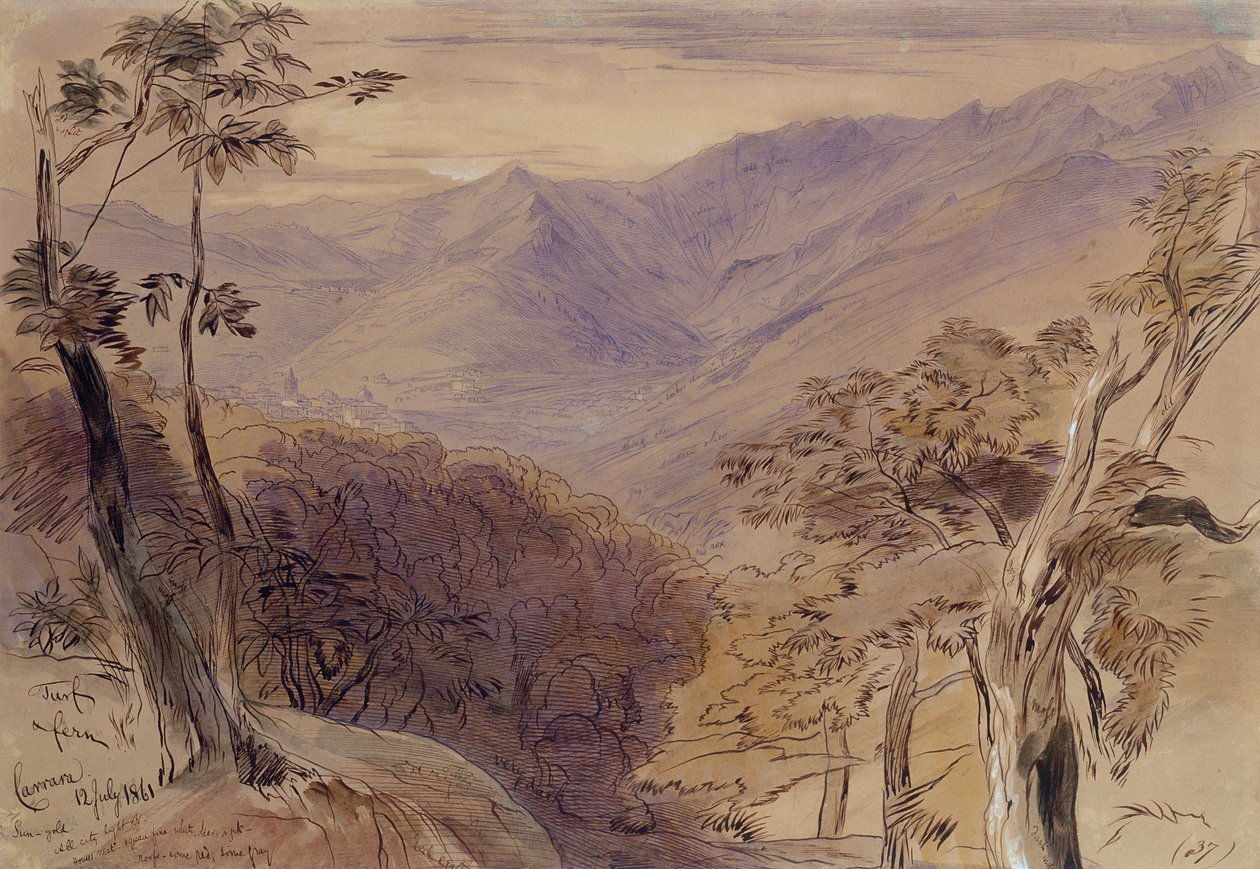 Carrara, 1861 (pen, blyant, blæk & wc på papir) af Edward Lear