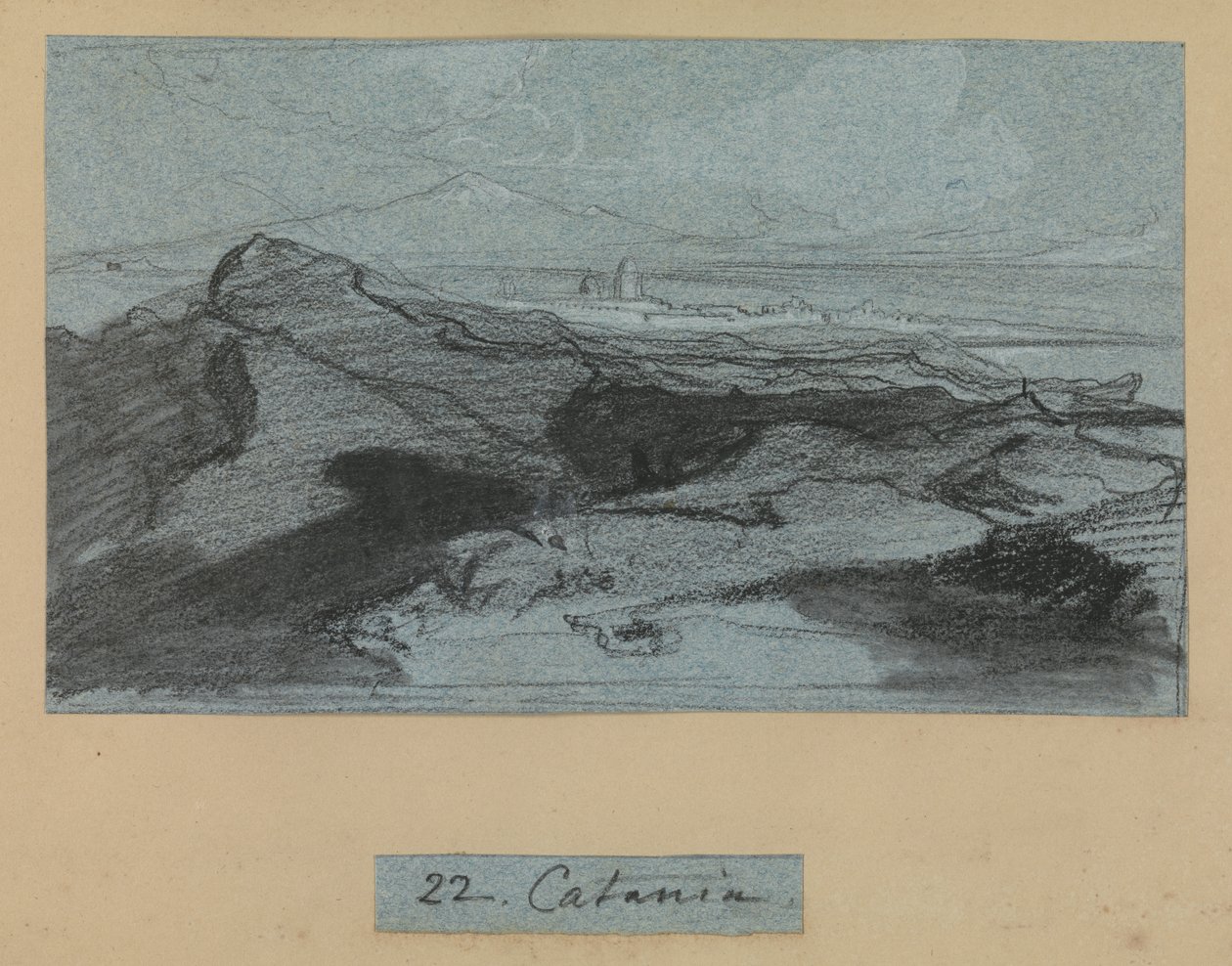 Catania, fra Views of Sicily (kridt og gouache på blåt papir) af Edward Lear