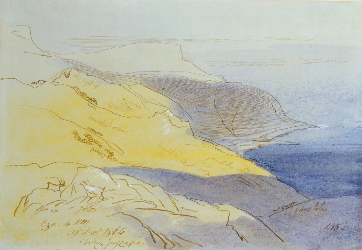 Kystlandskab, Eza, 1864 (wc, pen og blæk på papir) af Edward Lear