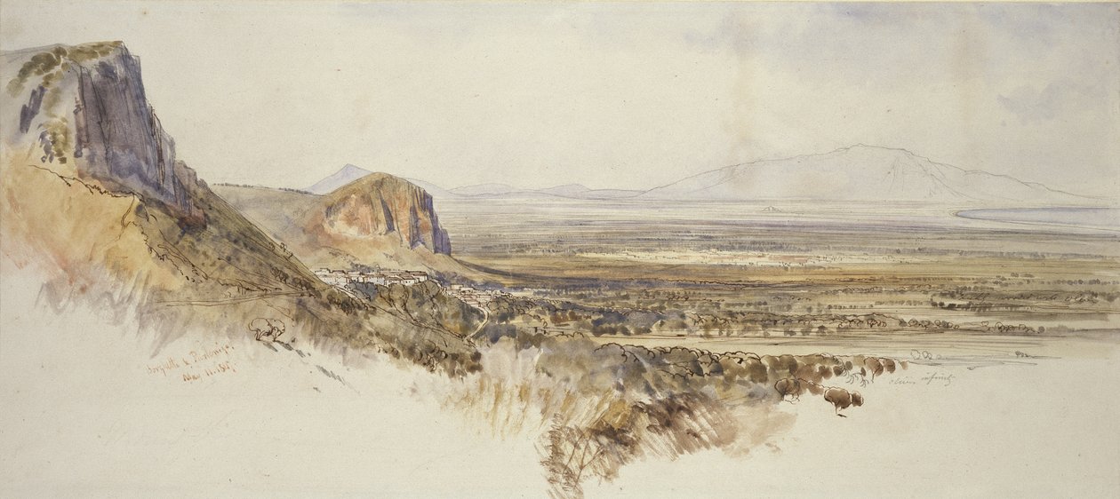 Fjern udsigt over Borghetto og Partenico, Sicilien, 1847 (pen og brun blæk med akvarel og grafit på hvidt papir) af Edward Lear