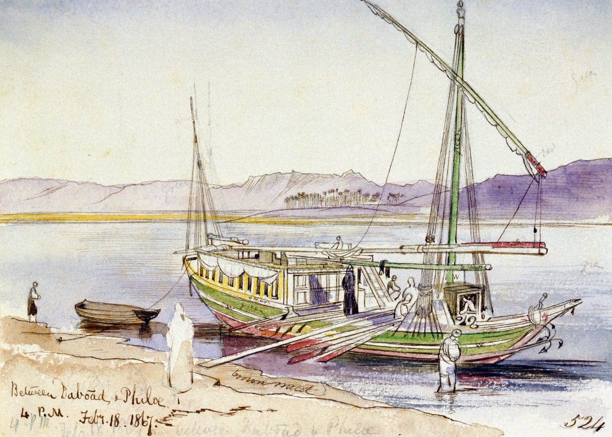 Egyptisk båd lagt til kaj ved Nilens bred mellem Daboad og Phila (Egypten). Farvet akvareltegning af Edward Lear