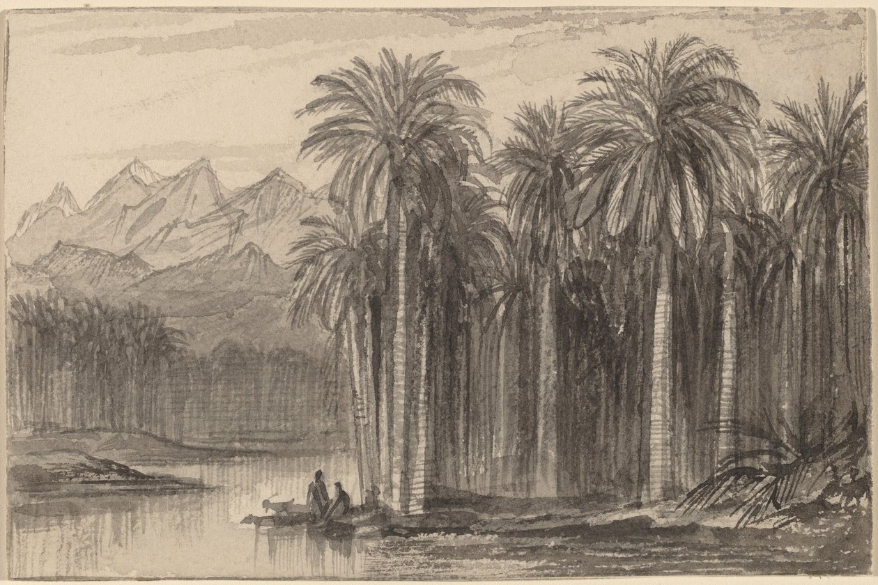 Figurer sætter ud i kanoer fra en palmelund (Wady Feiran) af Edward Lear