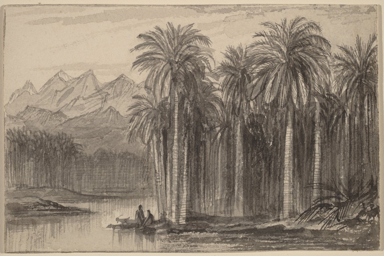 Figurer, der begiver sig ud i kanoer fra en palmelund (Wady Feiran) af Edward Lear