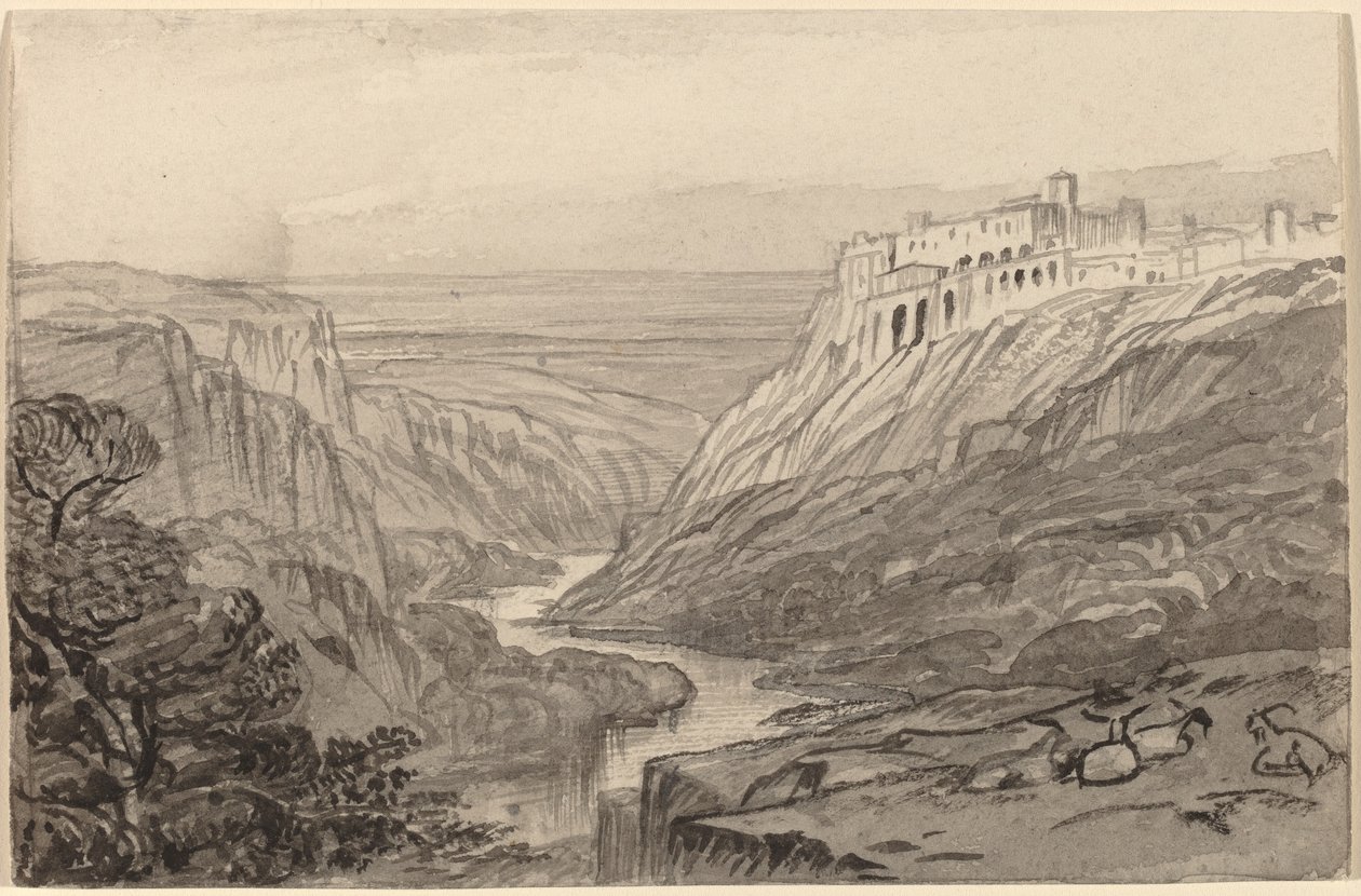 Geder hviler over en flodkløft (Narni, Italien) af Edward Lear