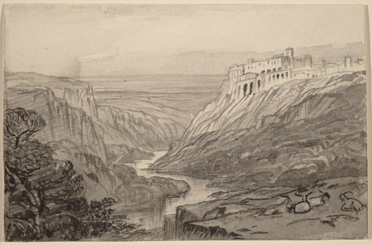 Geder, der hviler sig over en flodkløft (Narni, Italien) af Edward Lear