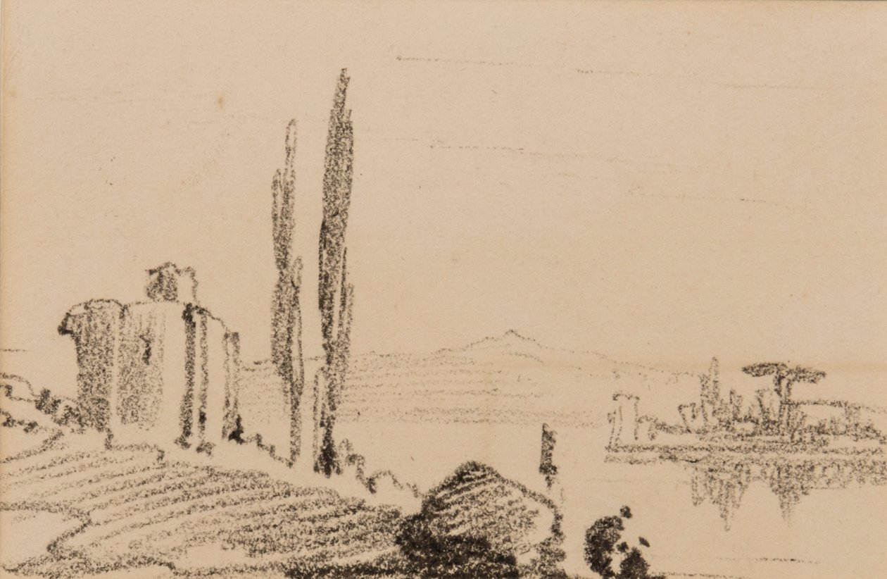 Italiensk capriccio, ca. 1837 (sort kridt på papir) af Edward Lear