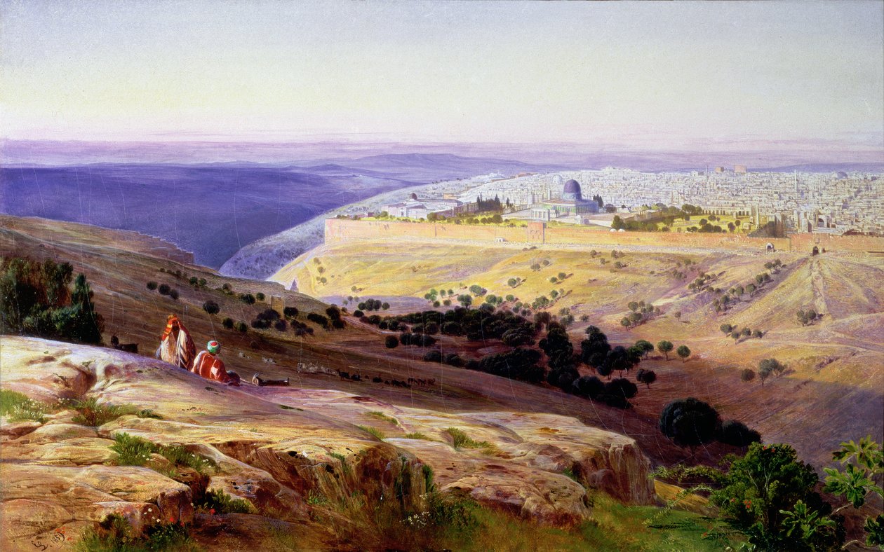 Jerusalem fra Oliebjerget, solopgang, 1859 (olie) af Edward Lear