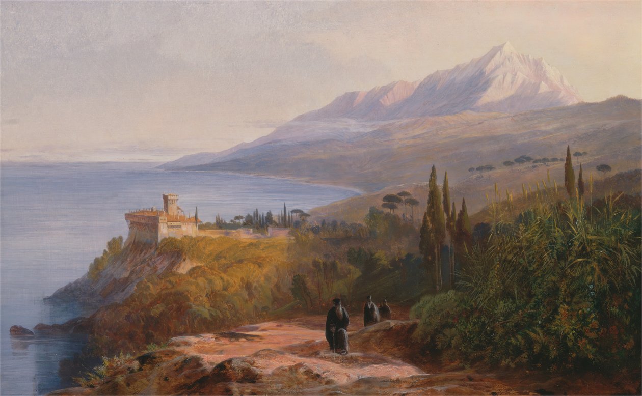 Mount Athos og klosteret i Stavronikétes, 1857. af Edward Lear