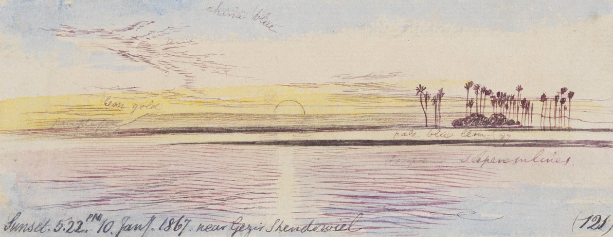 I nærheden af Gezir Shendowiel; solnedgang, kl. 17.22, den 10. januar 1867 (121) af Edward Lear