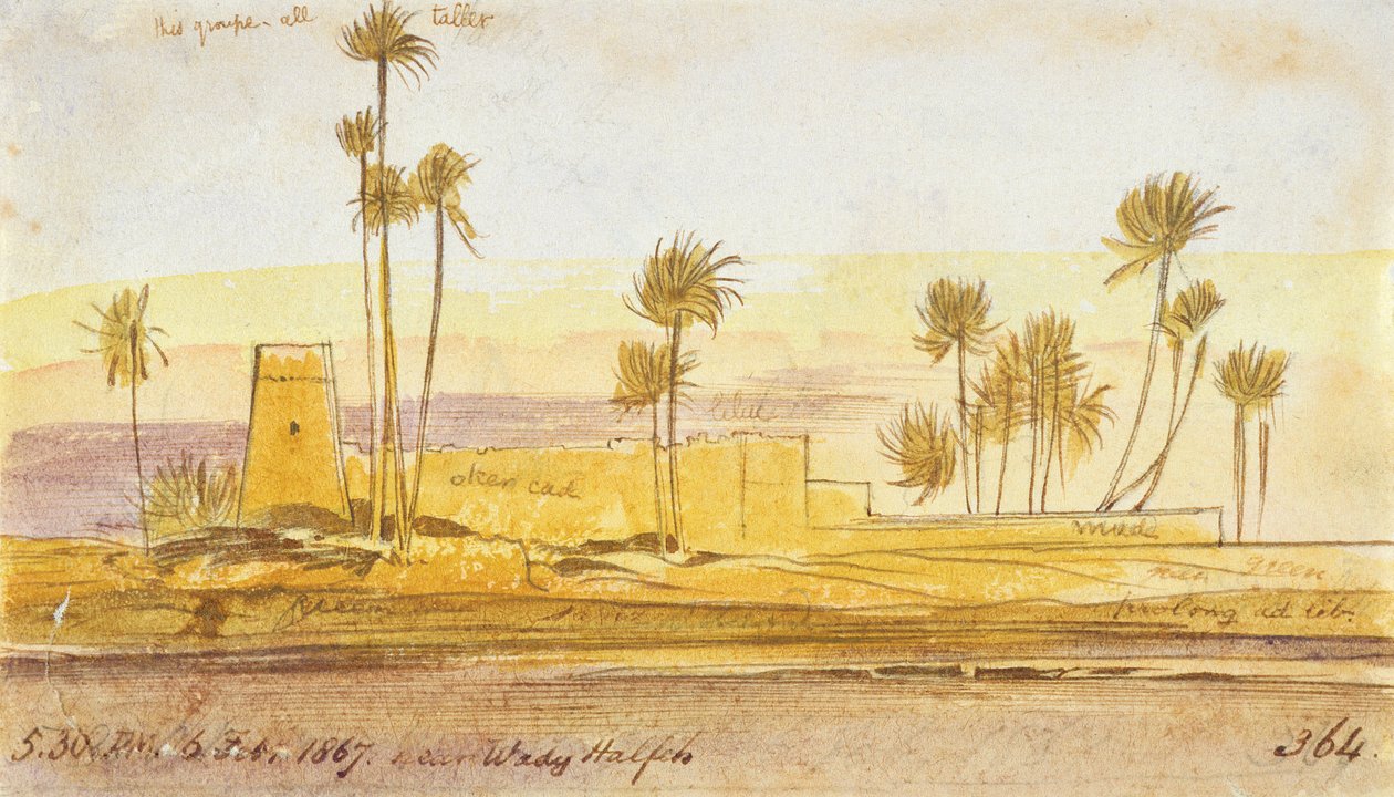 I nærheden af Wady Halfeh, kl. 17.30, 6. februar 1867 (blæk og wc) af Edward Lear