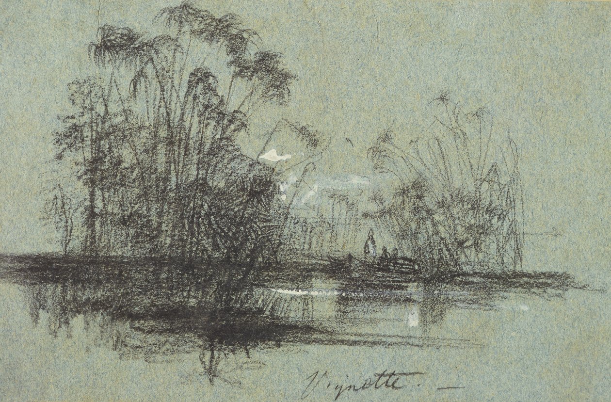 Papyrus på Anapus, fra Views of Sicilien (sort kridt & kropsfarve på blåt papir) af Edward Lear