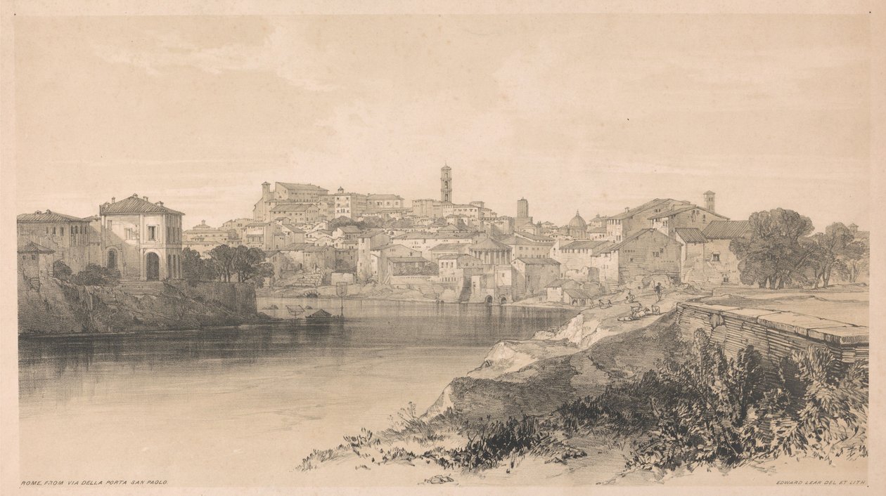 Rom set fra Via della Porta San Paolo, fra »Udsigter i Rom og omegn«, 1841 af Edward Lear